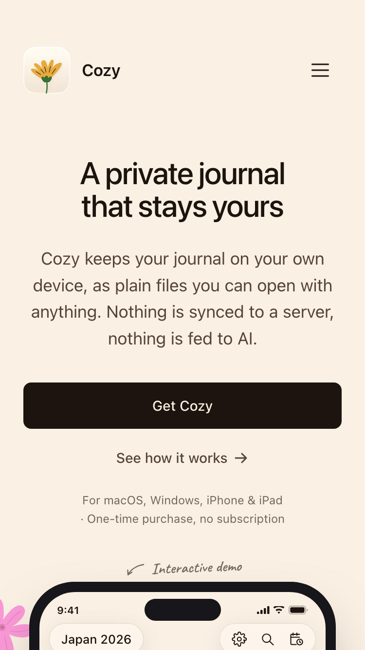 Cozy Journal website mobile